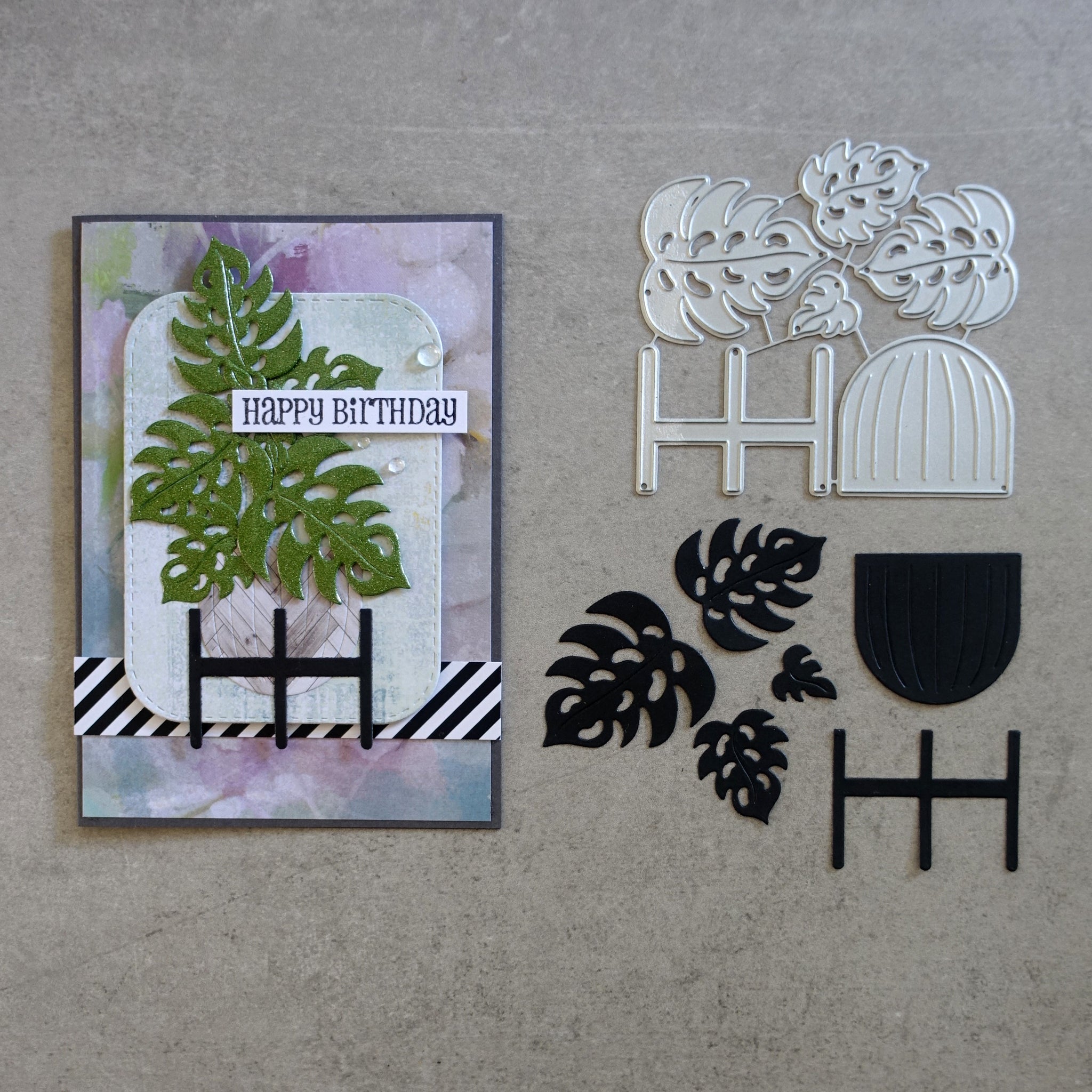 shopaperartz MONSTERIA MONSTERA LEAVES WITH POT & STAND TROPICAL BOTANICAL CUTTING DIES CARDMAKING