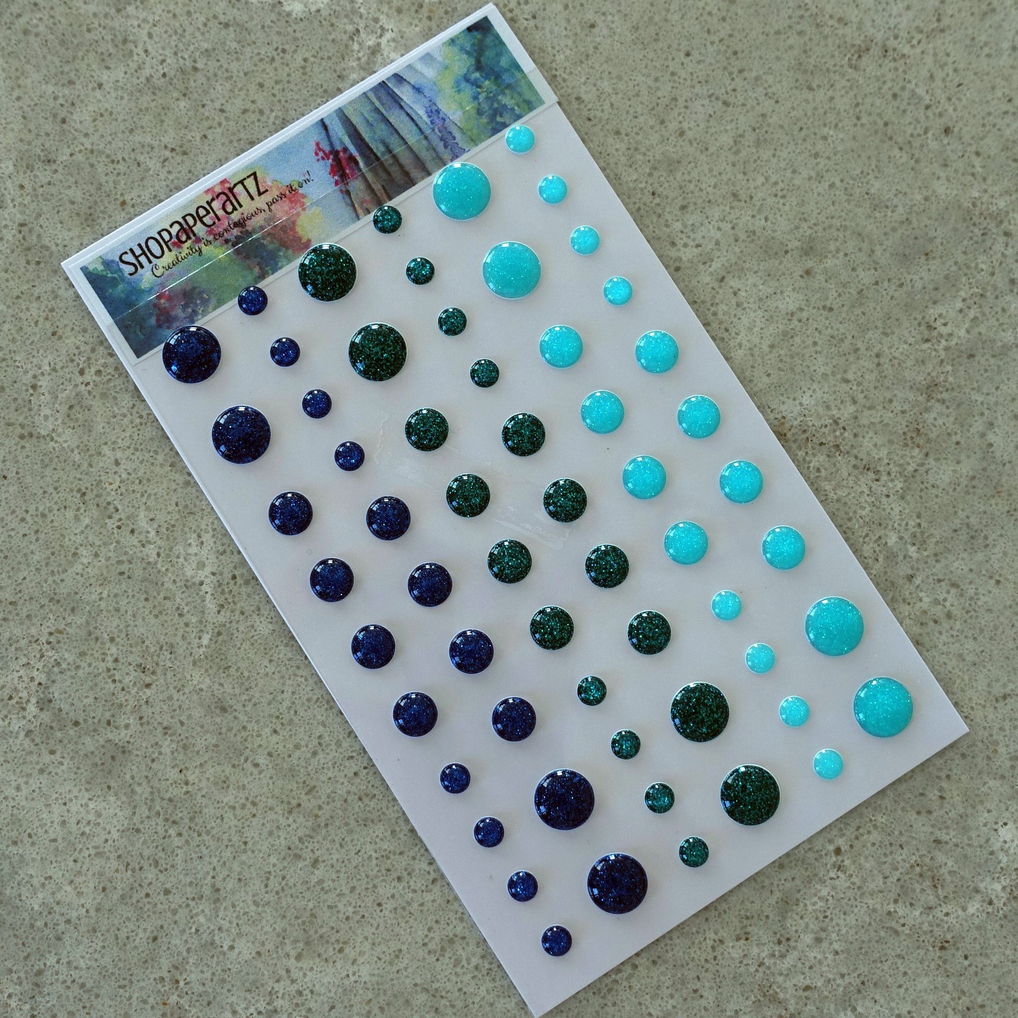 GLITTER ENAMEL DOTS SHADES OF TEAL BLUE EMBELLISHMENTS ACCENTS SELF-ADHESIVE 60 PIECES CARDMAKING