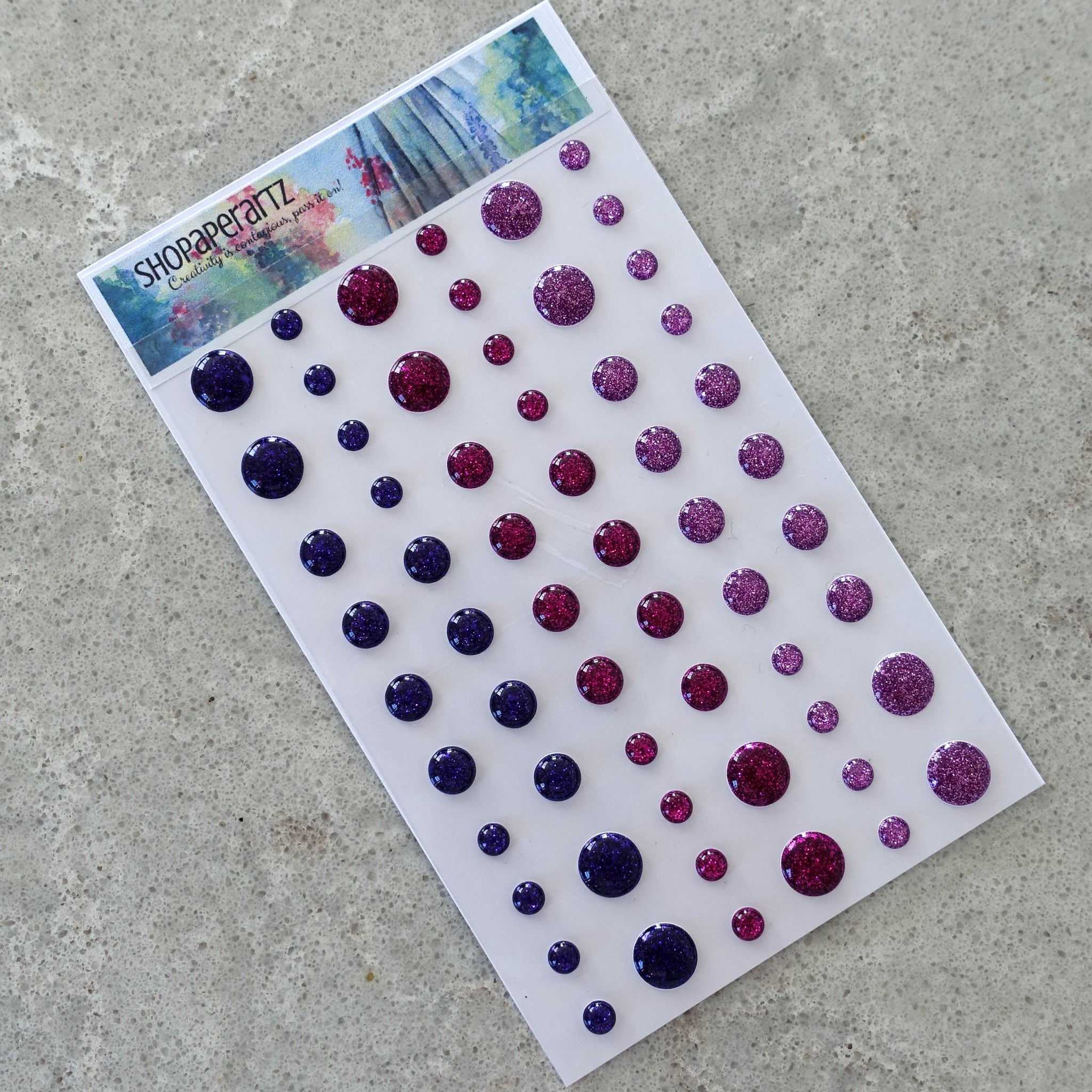 GLITTER ENAMEL DOTS SHADES OF PURPLE EMBELLISHMENTS ACCENTS SELF-ADHESIVE 60 PIECES CARDMAKING